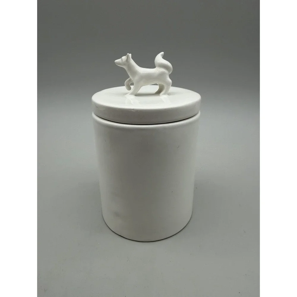 West Elm White Ceramic Canister w/ Dog Lid – Modern Kitchen Storage Jar